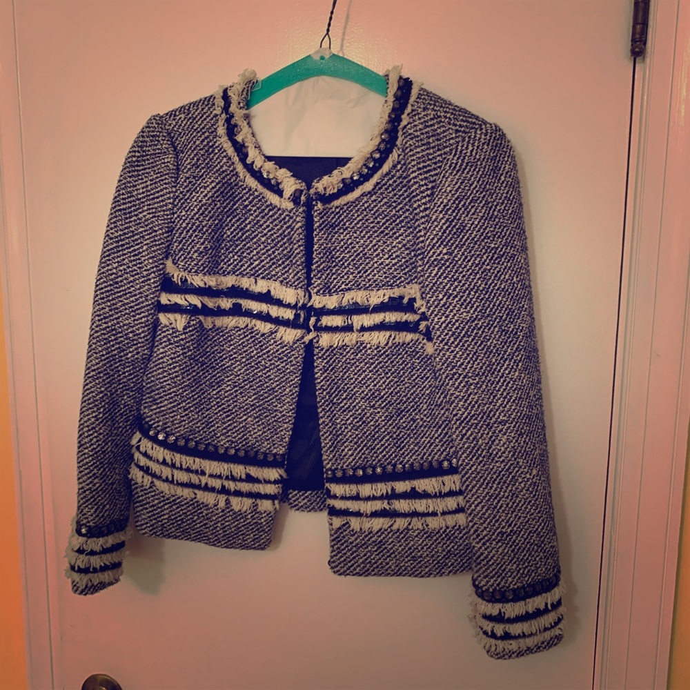 Tory Burch dress jacket. Navy, white, rhinestones.